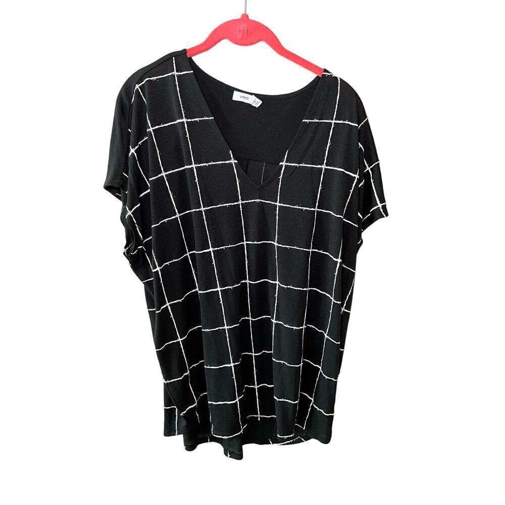Vince Womens Windowpane‎ Plaid Tunic Top Dolman Sleeve Black White Size Medium